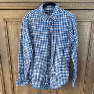 Ralph Lauren Men's Checkered Blue and Orange Shirt